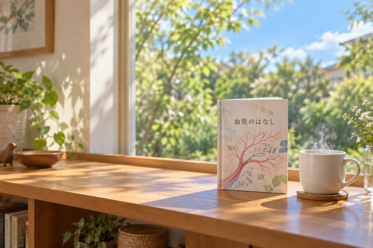 「血管のはなし」の本と湯気の立つ白湯