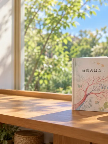 「血管のはなし」の本と湯気の立つ白湯