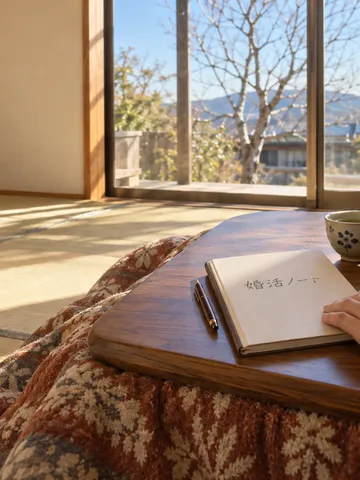 こたつの上の「婚活ノート」と二つの湯のみ、みかん