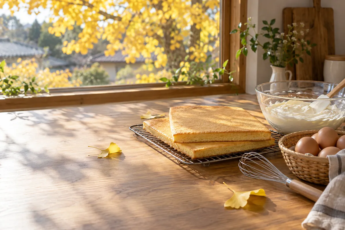 スポンジ生地とチーズクリームが並ぶ秋の台所