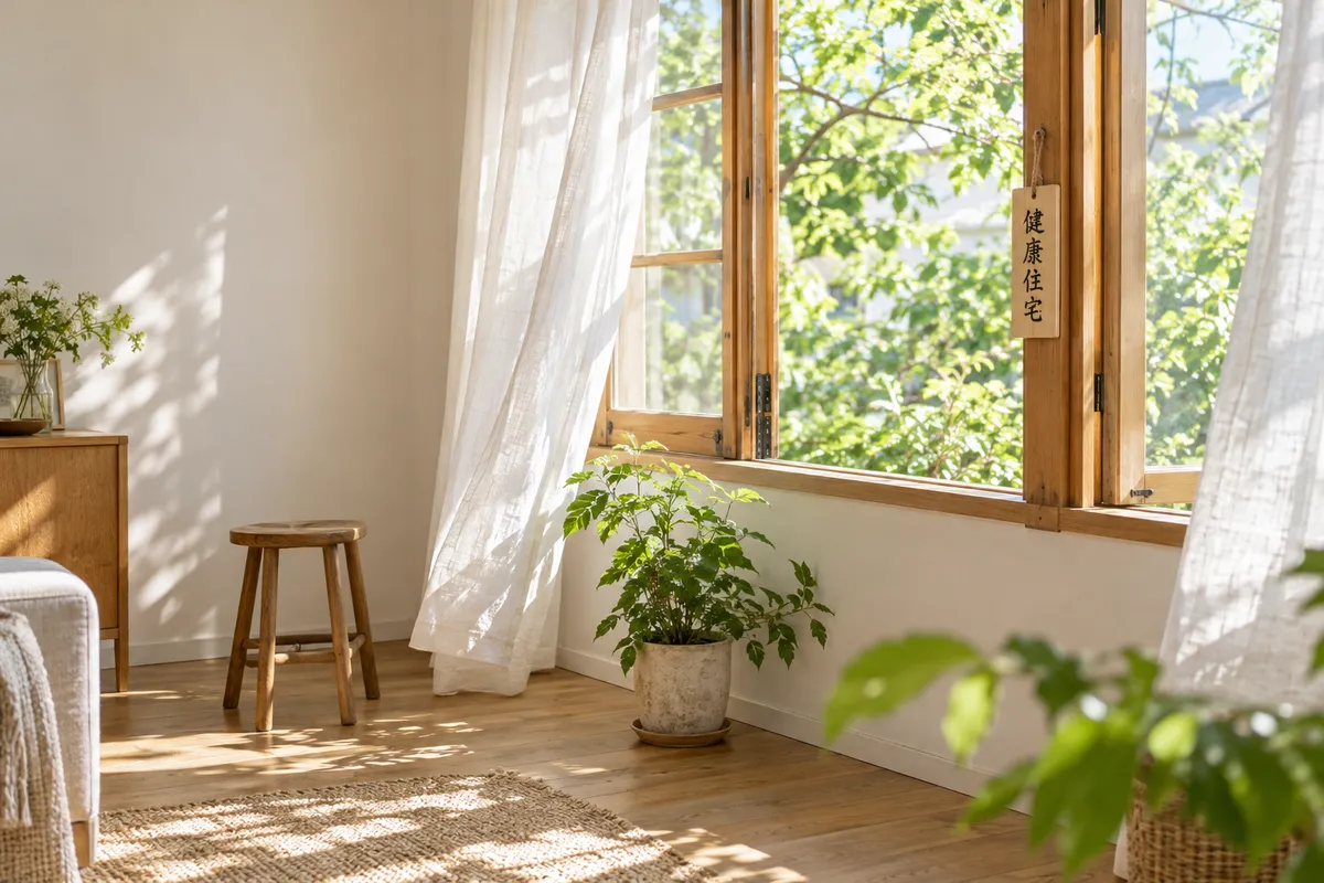 日差しの入る明るい部屋と「健康住宅」の木札