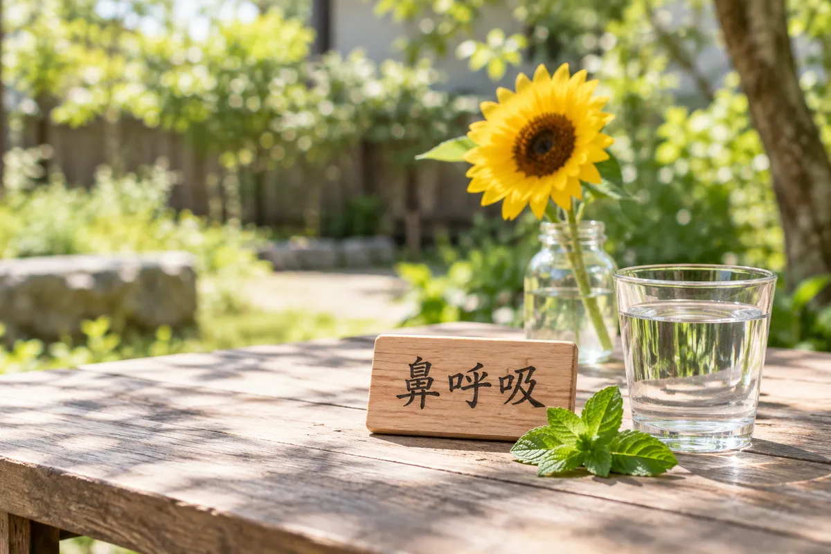 「鼻呼吸」と書かれた木の札と夏の庭のテーブル