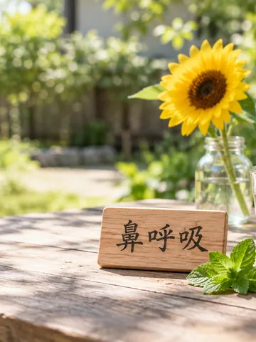 「鼻呼吸」と書かれた木の札と夏の庭のテーブル
