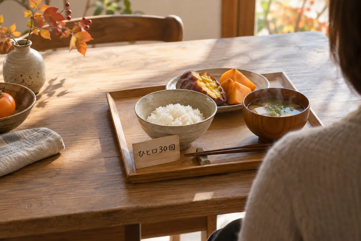「ひと口30回」の札と秋の食事が並ぶ食卓