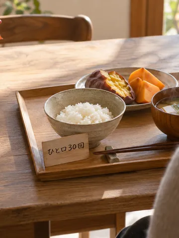 「ひと口30回」の札と秋の食事が並ぶ食卓