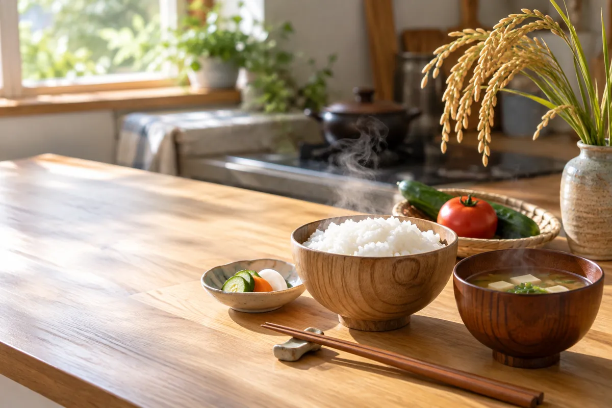 炊きたてのご飯と味噌汁、夏野菜が並ぶ台所