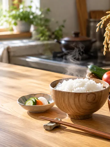 炊きたてのご飯と味噌汁、夏野菜が並ぶ台所