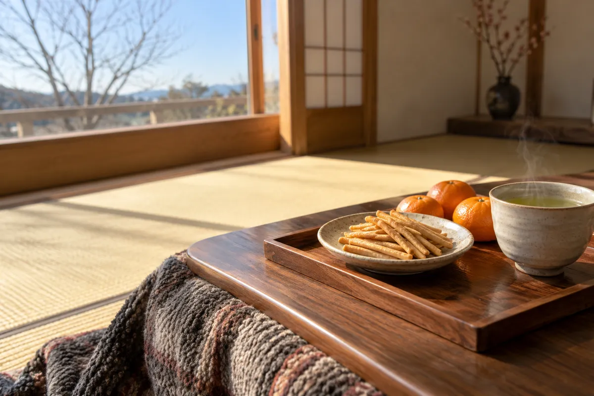 こたつの上の素朴な焼き菓子とみかん、お茶