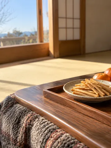 こたつの上の素朴な焼き菓子とみかん、お茶
