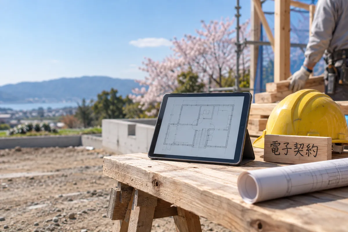 建設現場の木台にタブレットとヘルメット、電子契約の札