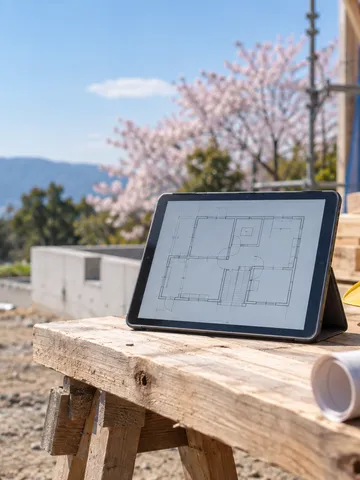 建設現場の木台にタブレットとヘルメット、電子契約の札