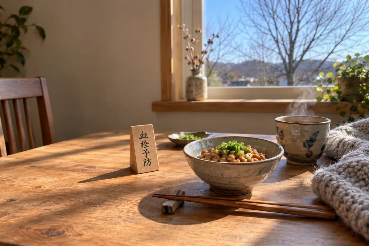 納豆の器と「血栓予防」の木札、湯気の立つお茶