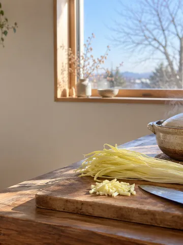 まな板に置かれた黄ニラと湯気の立つ土鍋