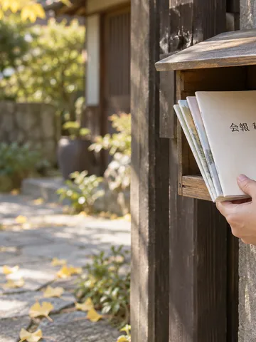 郵便受けから会報の冊子を取り出す手元