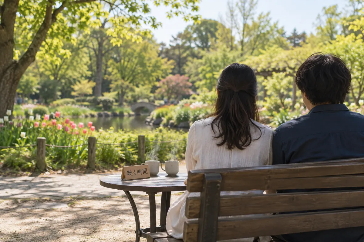 春の公園で並んで座る二人の後ろ姿とお茶