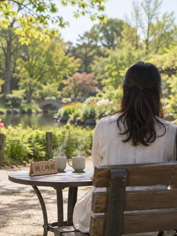 春の公園で並んで座る二人の後ろ姿とお茶