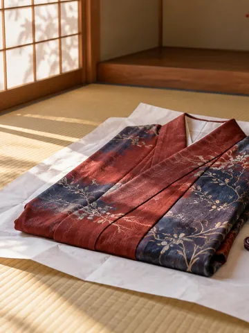 畳の上に広げた、帯を添えたきもの