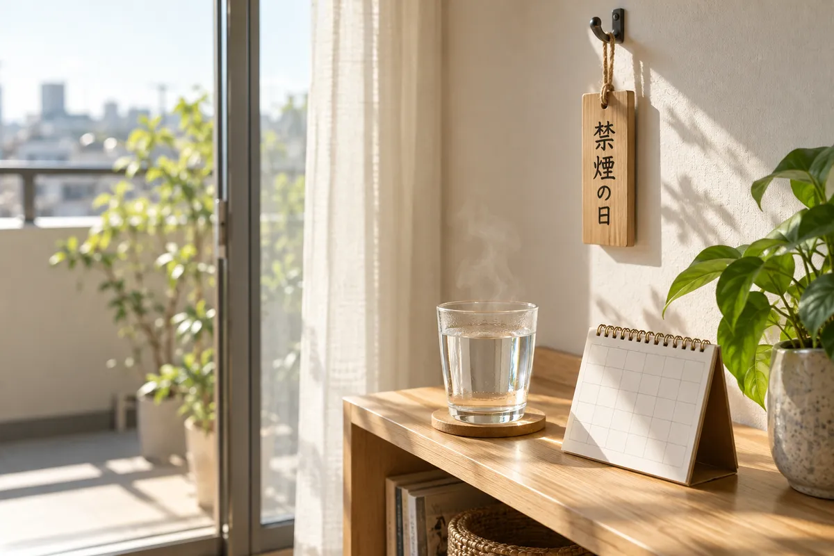 「禁煙の日」と書かれた木の札と白湯のコップ