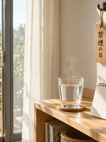 「禁煙の日」と書かれた木の札と白湯のコップ
