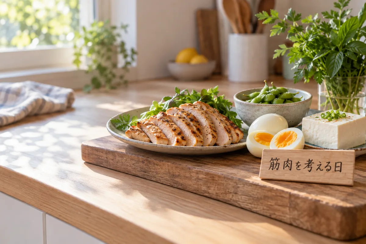 鶏肉や卵、豆腐が並ぶ台所と木の札