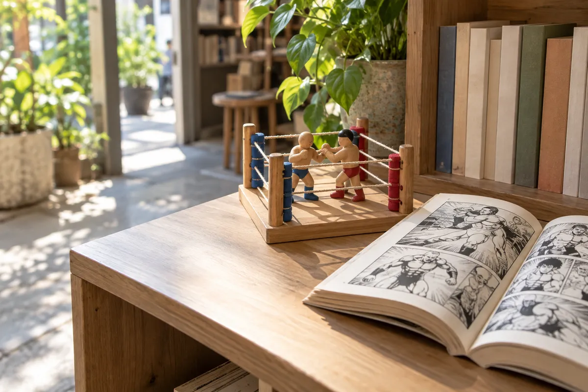 本屋の棚に置かれたおもちゃのリングと開いた漫画