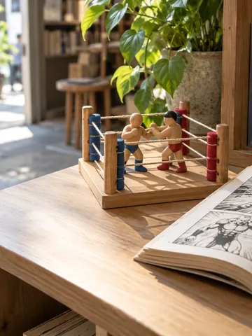 本屋の棚に置かれたおもちゃのリングと開いた漫画