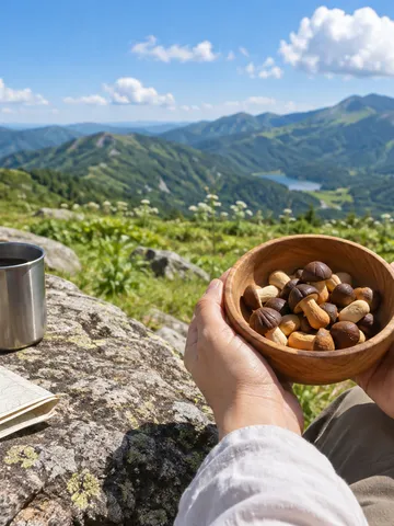 高原の岩の上で、小さなきのこ形のお菓子を手にする休憩