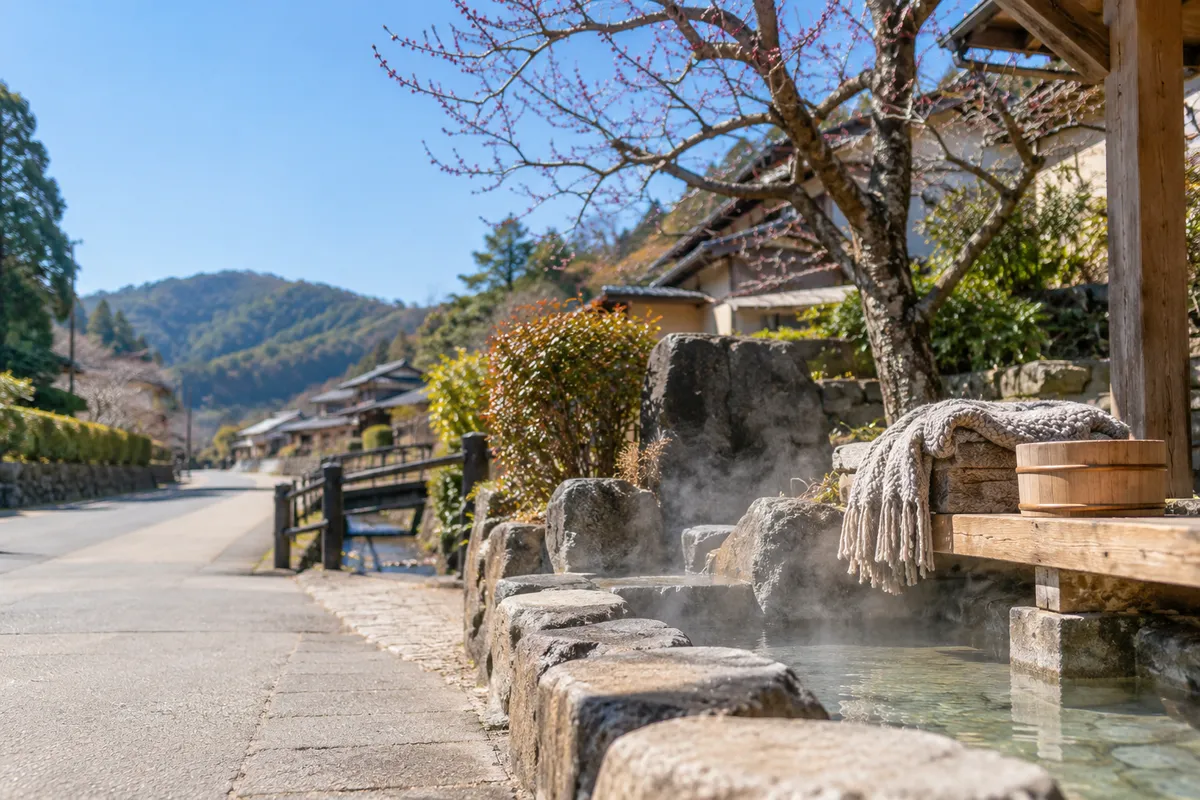 晴れた日の温泉街の道と湯気の立つ足湯