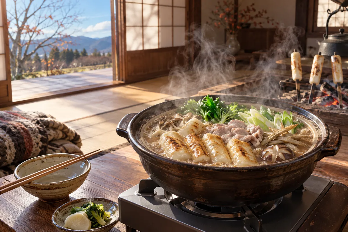 囲炉裏端で湯気を立てるきりたんぽみそ鍋