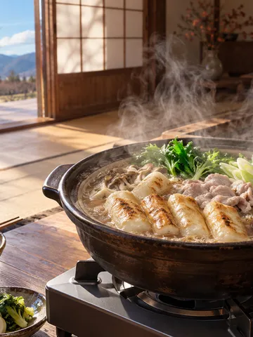 囲炉裏端で湯気を立てるきりたんぽみそ鍋