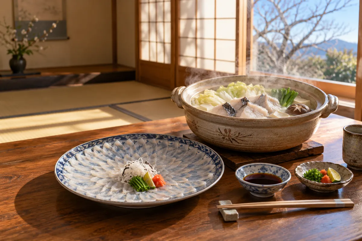 てっちり鍋とてっさが並ぶ、日なたの和室の食卓