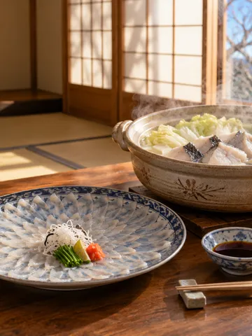 てっちり鍋とてっさが並ぶ、日なたの和室の食卓