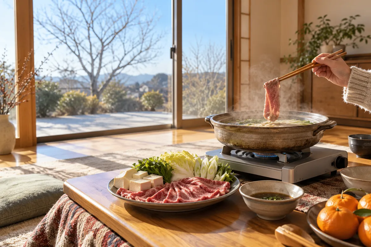 こたつで楽しむしゃぶしゃぶと薄切り肉の皿
