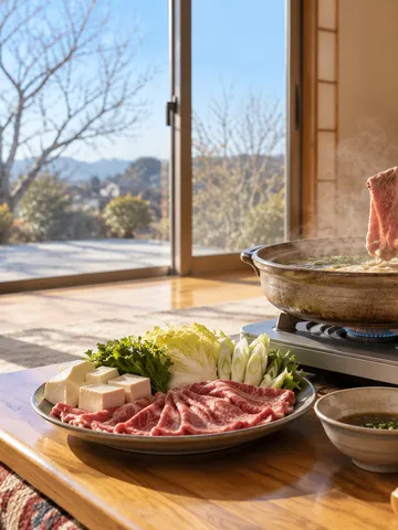 こたつで楽しむしゃぶしゃぶと薄切り肉の皿