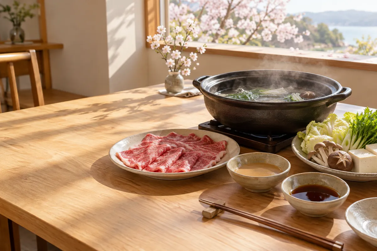 窓辺の食卓に置かれたしゃぶしゃぶ鍋と牛肉、薬味