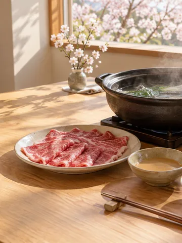 窓辺の食卓に置かれたしゃぶしゃぶ鍋と牛肉、薬味