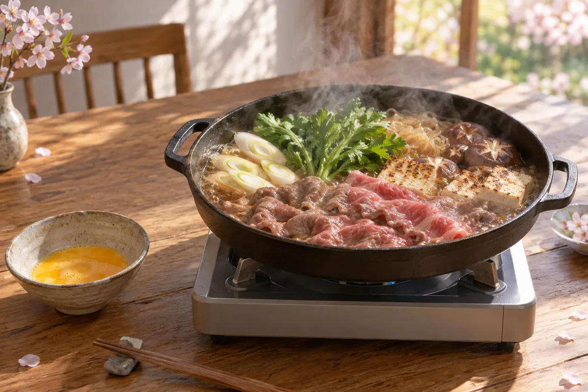 春の昼にテーブルで煮えるすきやきの鍋