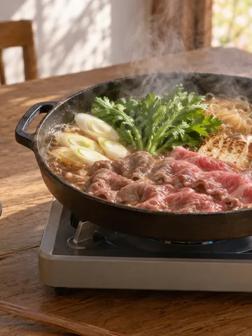 春の昼にテーブルで煮えるすきやきの鍋