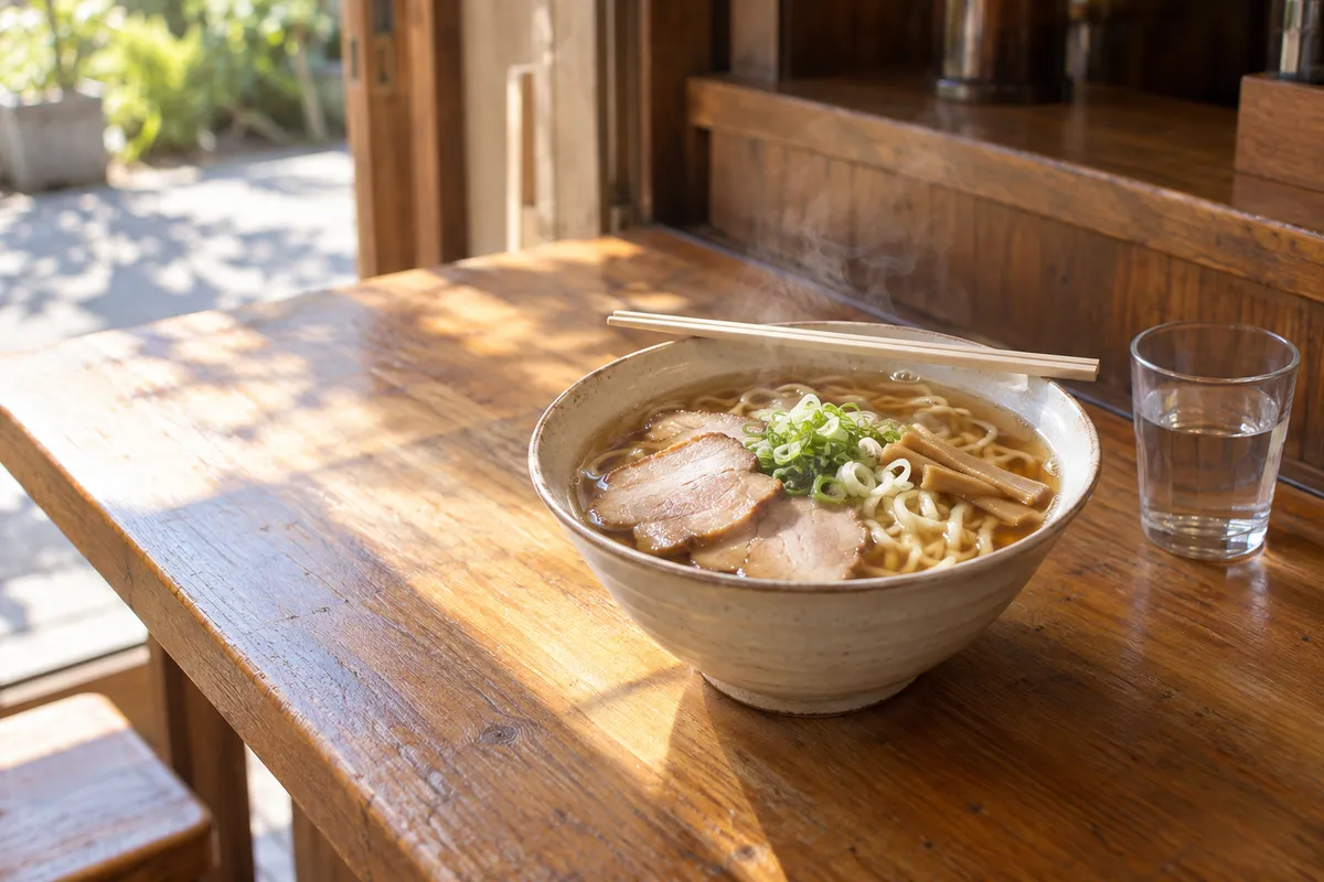 醤油スープの喜多方ラーメンが置かれた店のカウンター