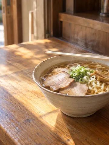 醤油スープの喜多方ラーメンが置かれた店のカウンター