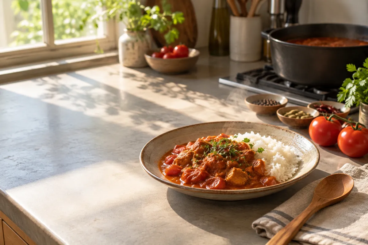 トマトとトマトカレーの皿が並ぶ台所