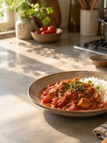 トマトとトマトカレーの皿が並ぶ台所