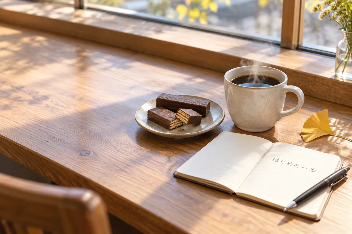 コーヒーとチョコ菓子、一歩を書いた手帳
