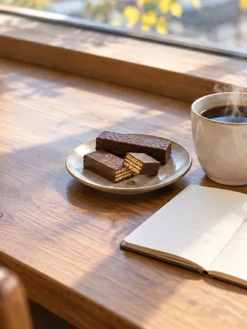 コーヒーとチョコ菓子、一歩を書いた手帳