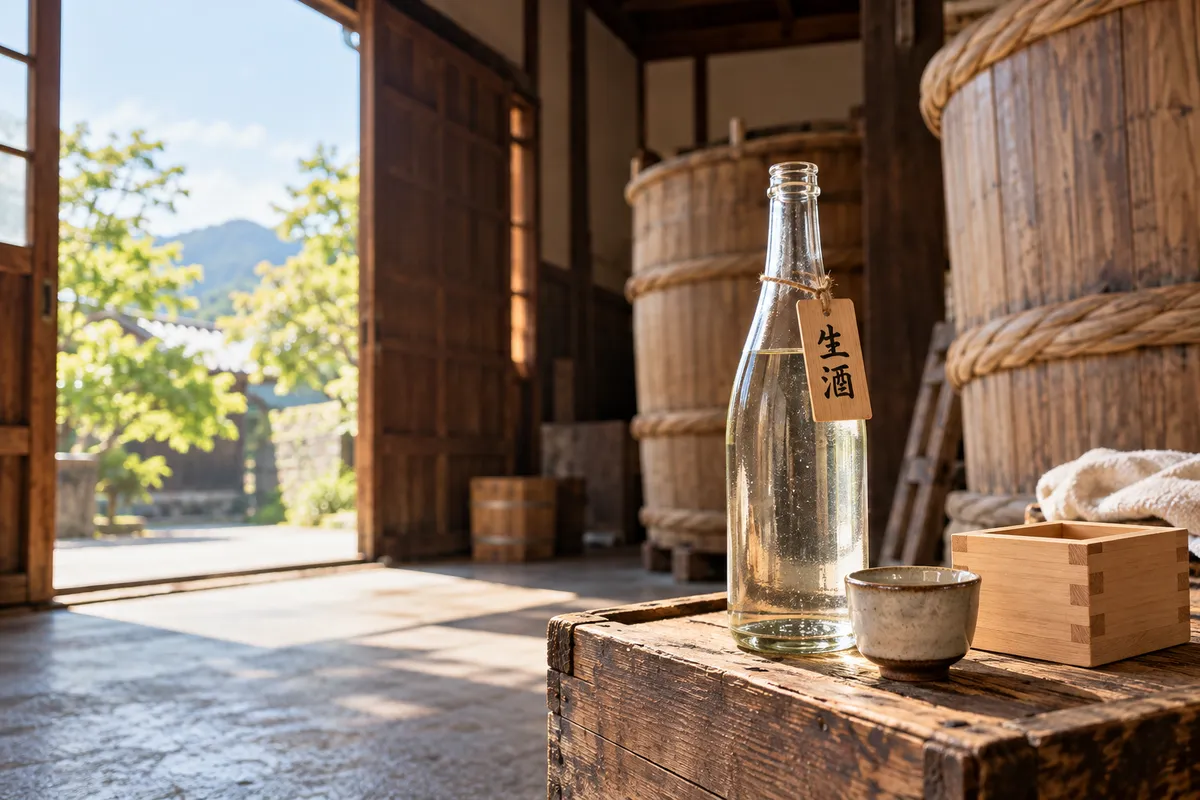 酒蔵の木箱に置かれた生酒の瓶と木札