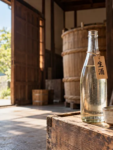 酒蔵の木箱に置かれた生酒の瓶と木札