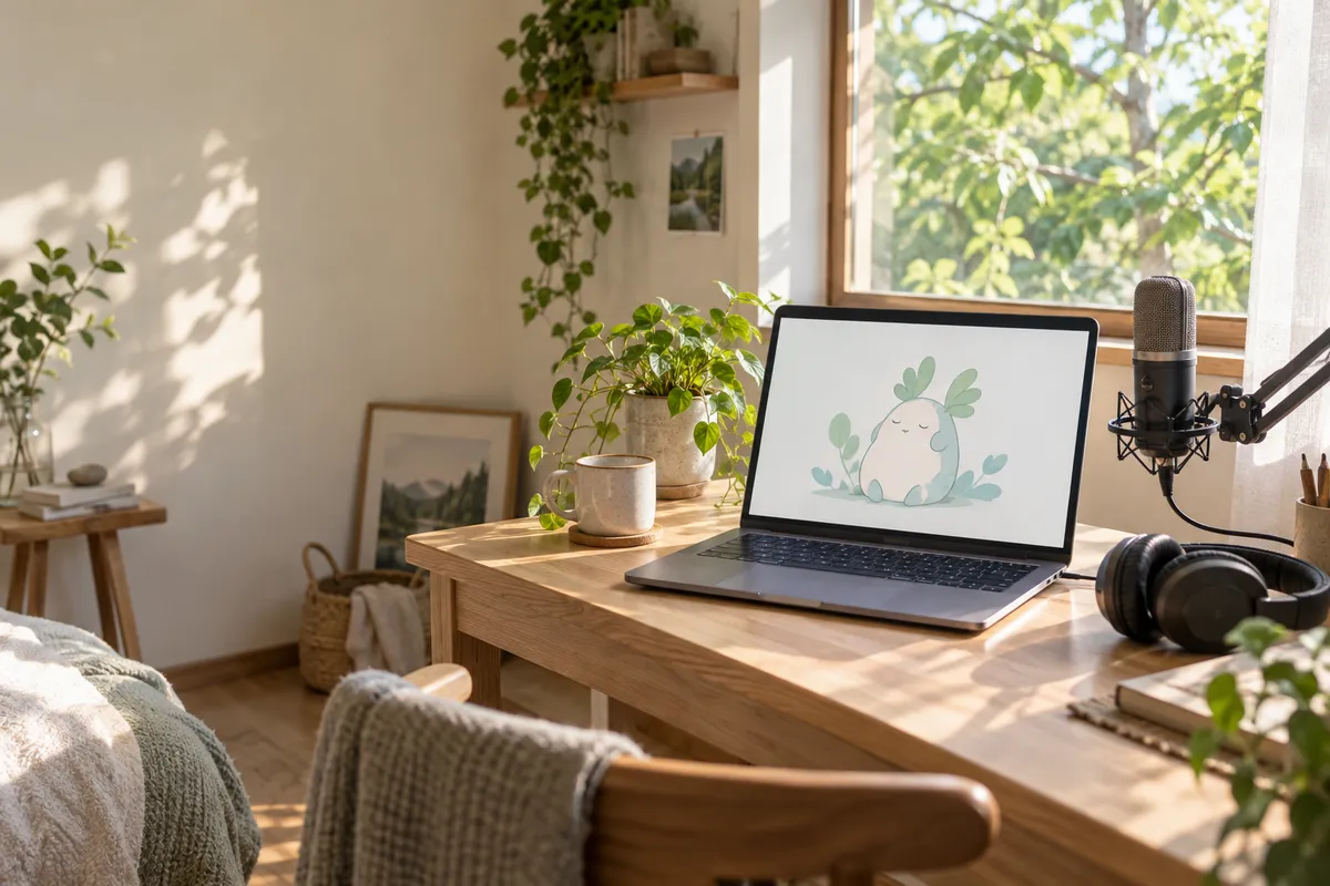 アバターが映るノートPCとマイクのある配信机