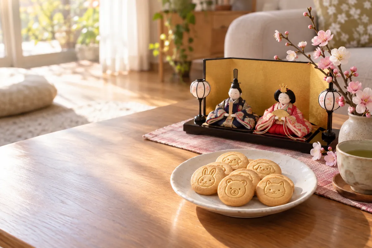 ひな人形と桃の花のそばに並ぶ小さなビスケット菓子