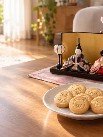 ひな人形と桃の花のそばに並ぶ小さなビスケット菓子