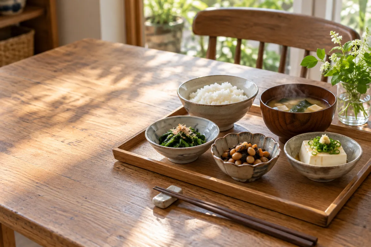 食卓に並ぶ三つの小鉢とご飯、汁物